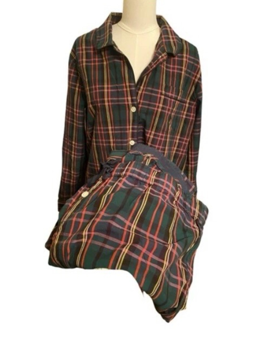 J Crew Women’s Cotton Pajamas XL Plaid Green Red Yellow Lightweight Drawstring